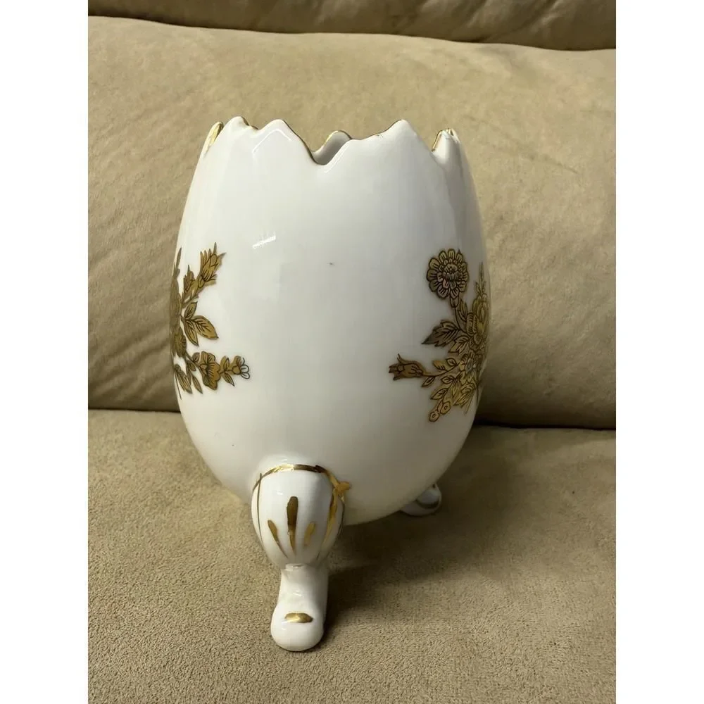 Vintage Napcoware Footed Egg Shape Vase. Gold & Black Flowers. Gold Trim 6
